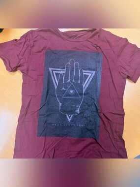 Obey propaganda Tshirt Maroon Tee with Black Geometric Hand Graphic Tee